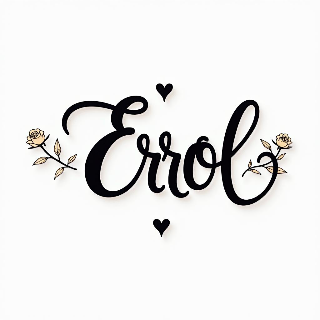 Errolin elegant cursive calligraphy style 2d tattoo, decorate with roses, featuring a smooth and flowing handwritten script with slightly thickened strokes for a luxurious and bold appearance, heart symbol between names, sleek and glossy black text with shadowing, minimalist matte white background, clean and sharp edges, illuminated with soft lighting, romantic, 8k, high-quality textures with refined typography