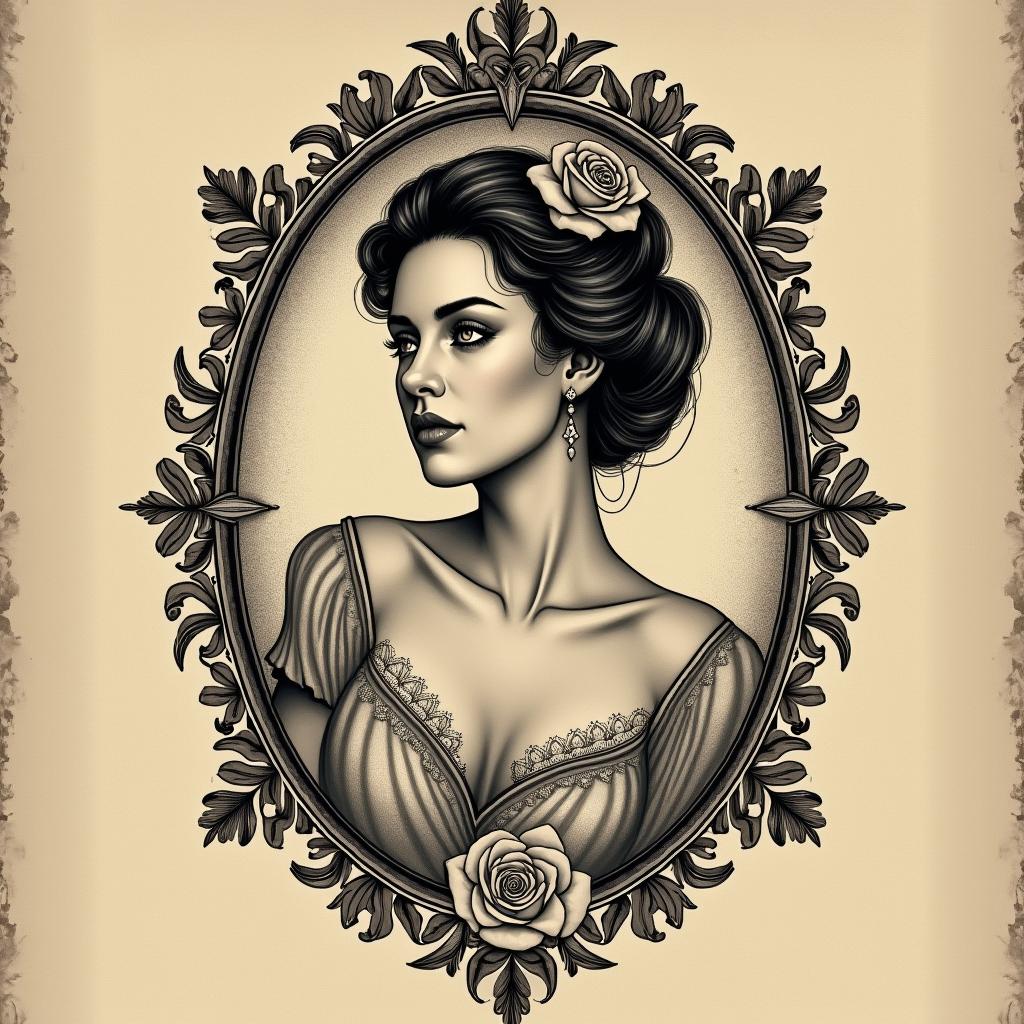 Gemini sign, age 22, Bahiain victorian style tattoo, featuring vintage and elegant elements, ornate frames, roses, antique, sepia-toned color scheme