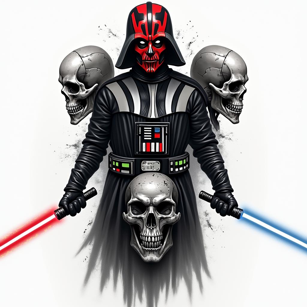 Half sleeve with Darth maul, Darth bane, Darth nihilus and Darth Vader posing with lightsabers in horror tattoo style, showcasing haunting and unsettling, dark and gritty textures with skulls, eerie faces, jgged designs, bold and intense shading - Variation 5