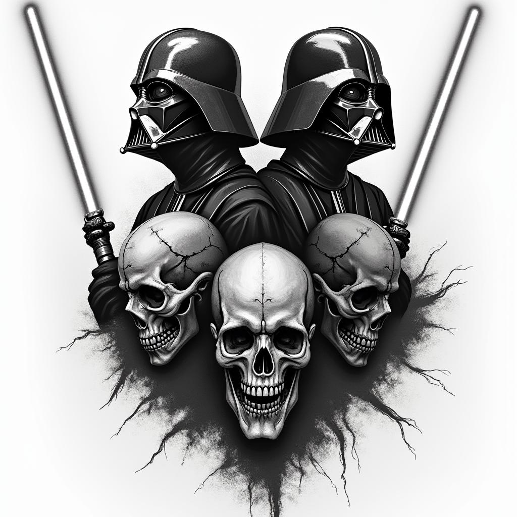 Half sleeve with Darth maul, Darth bane, Darth nihilus and Darth Vader posing with lightsabers in horror tattoo style, showcasing haunting and unsettling, dark and gritty textures with skulls, eerie faces, jgged designs, bold and intense shading - Variation 6
