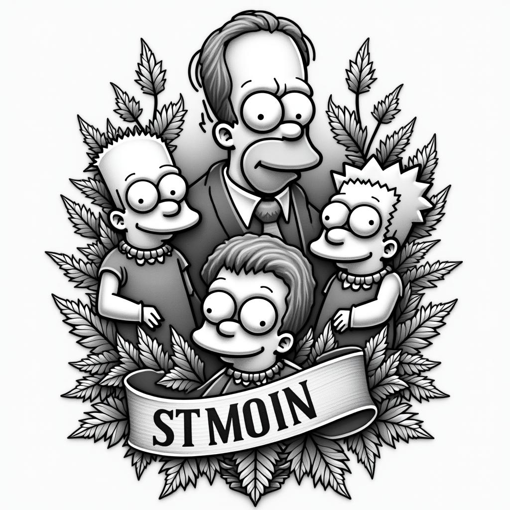 Tattoo that represents money and fortune and features characters from The Simpsons.in authentic tattoo style, incorporating traditional modifications, bold black outlines, solid color fills, featuring classic authentic elements - Variation 4