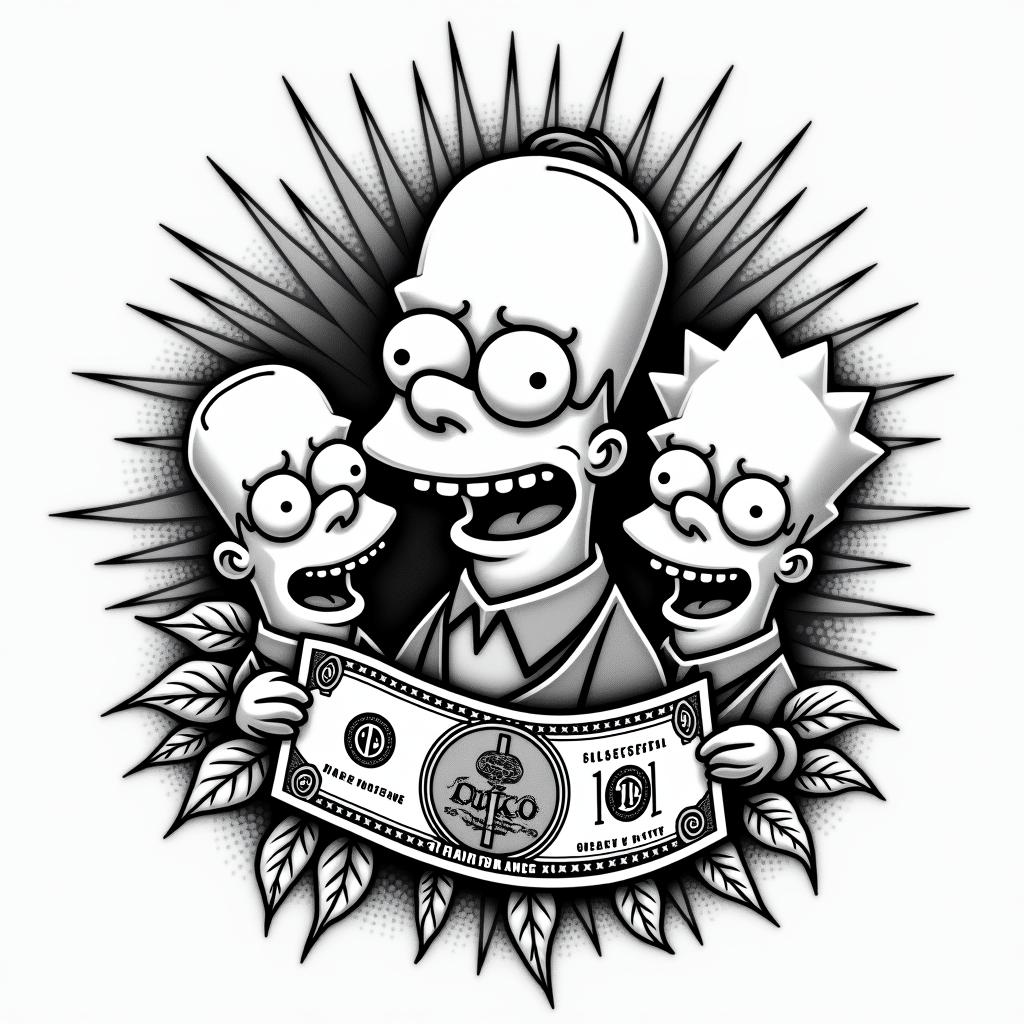 Tattoo that represents money and fortune and features characters from The Simpsons.in authentic tattoo style, incorporating traditional modifications, bold black outlines, solid color fills, featuring classic authentic elements - Variation 3