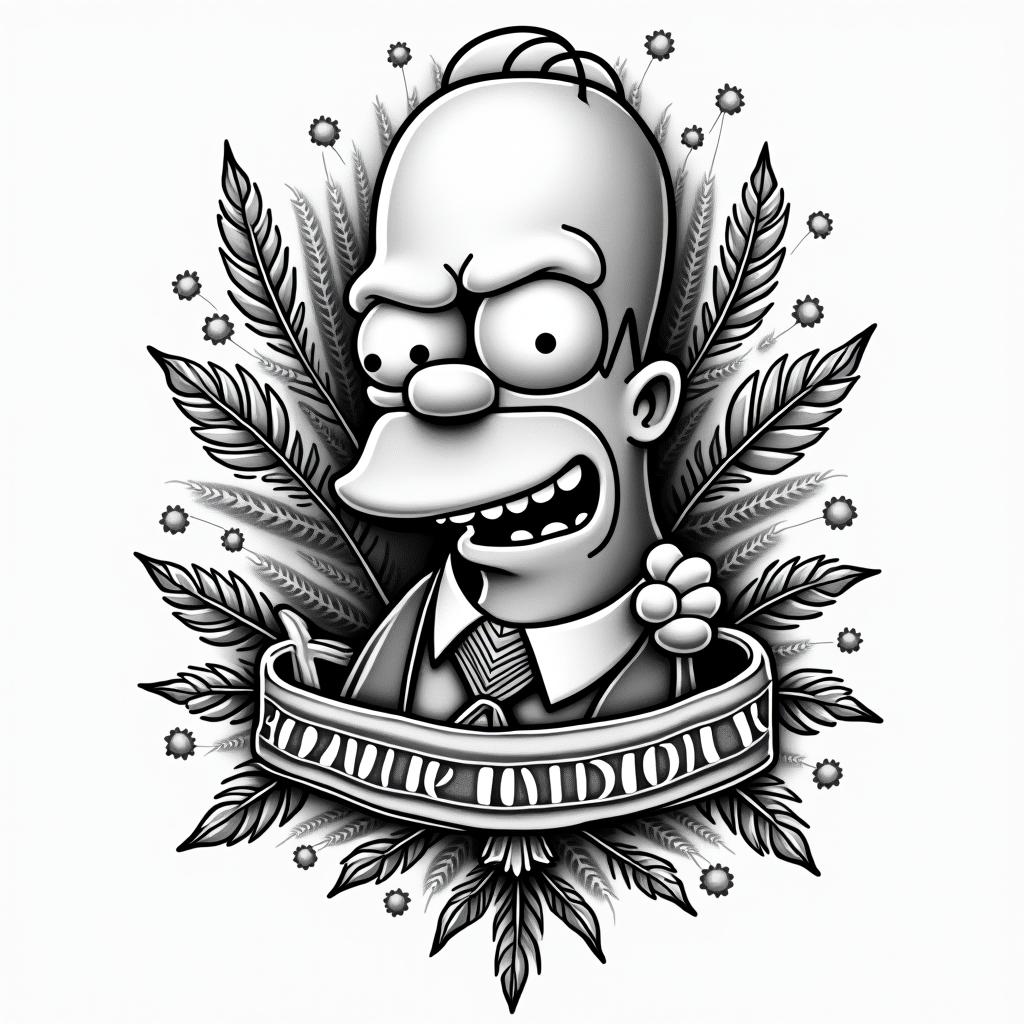 Tattoo that represents money and fortune and features characters from The Simpsons.in authentic tattoo style, incorporating traditional modifications, bold black outlines, solid color fills, featuring classic authentic elements