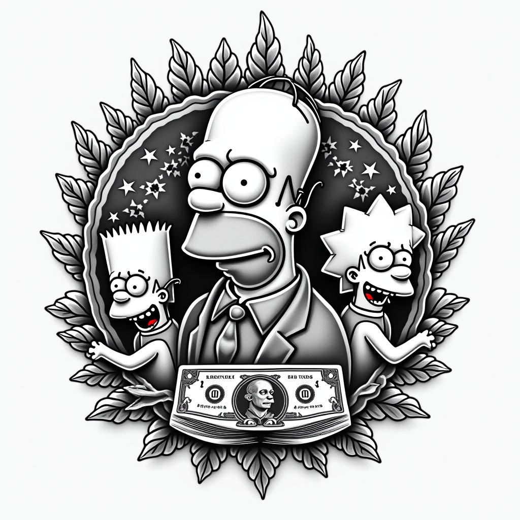 Tattoo that represents money and fortune and features characters from The Simpsons.in authentic tattoo style, incorporating traditional modifications, bold black outlines, solid color fills, featuring classic authentic elements - Variation 2