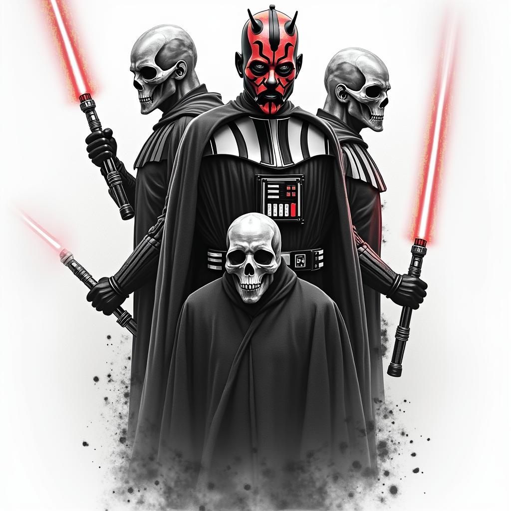 Half sleeve with Darth maul, Darth bane, Darth nihilus and Darth Vader posing with lightsabers in horror tattoo style, showcasing haunting and unsettling, dark and gritty textures with skulls, eerie faces, jgged designs, bold and intense shading