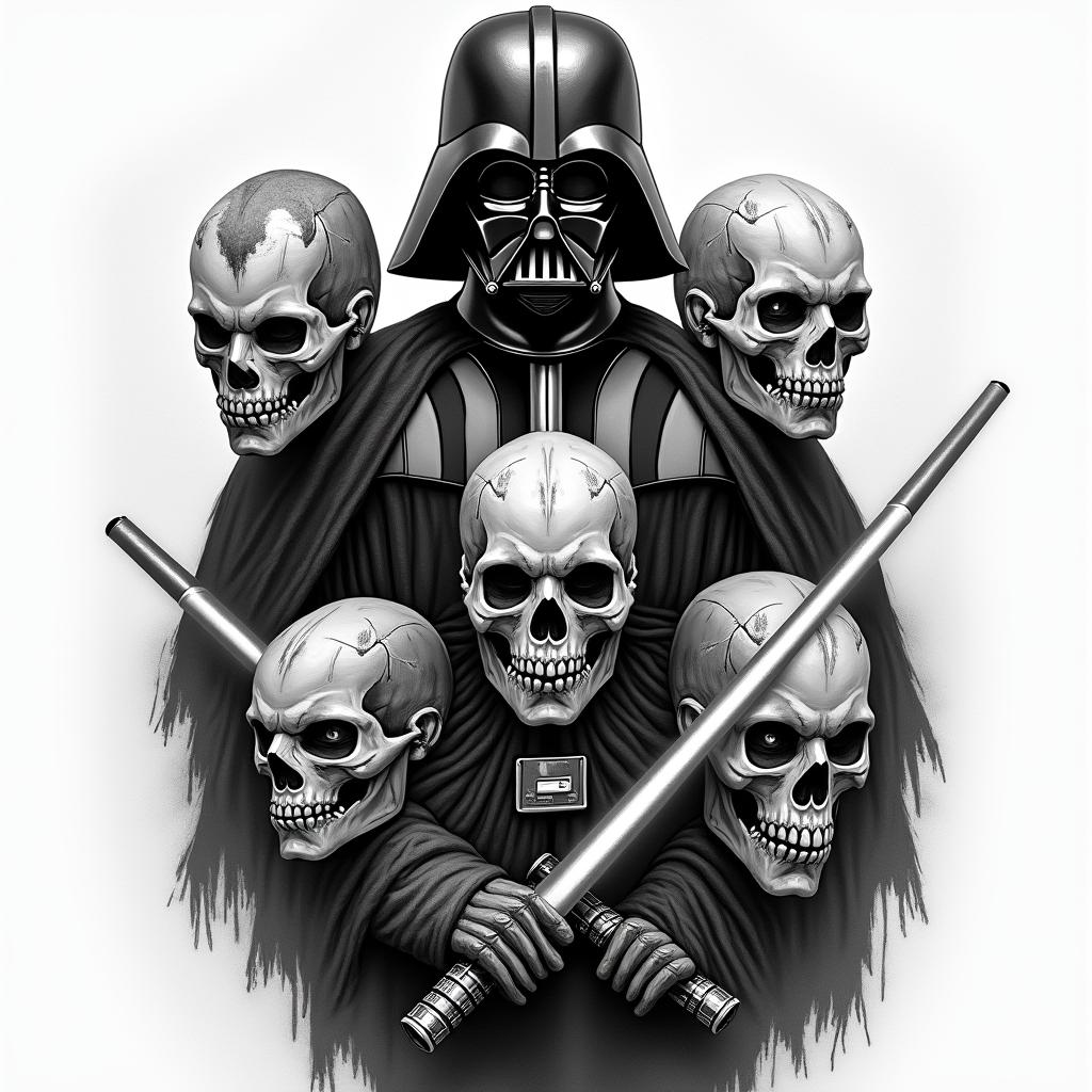 Half sleeve with Darth maul, Darth bane, Darth nihilus and Darth Vader posing with lightsabers in horror tattoo style, showcasing haunting and unsettling, dark and gritty textures with skulls, eerie faces, jgged designs, bold and intense shading - Variation 3