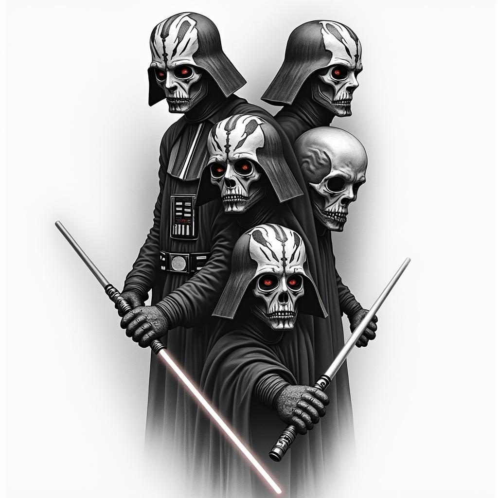 Half sleeve with Darth maul, Darth bane, Darth nihilus and Darth Vader posing with lightsabers in horror tattoo style, showcasing haunting and unsettling, dark and gritty textures with skulls, eerie faces, jgged designs, bold and intense shading - Variation 4
