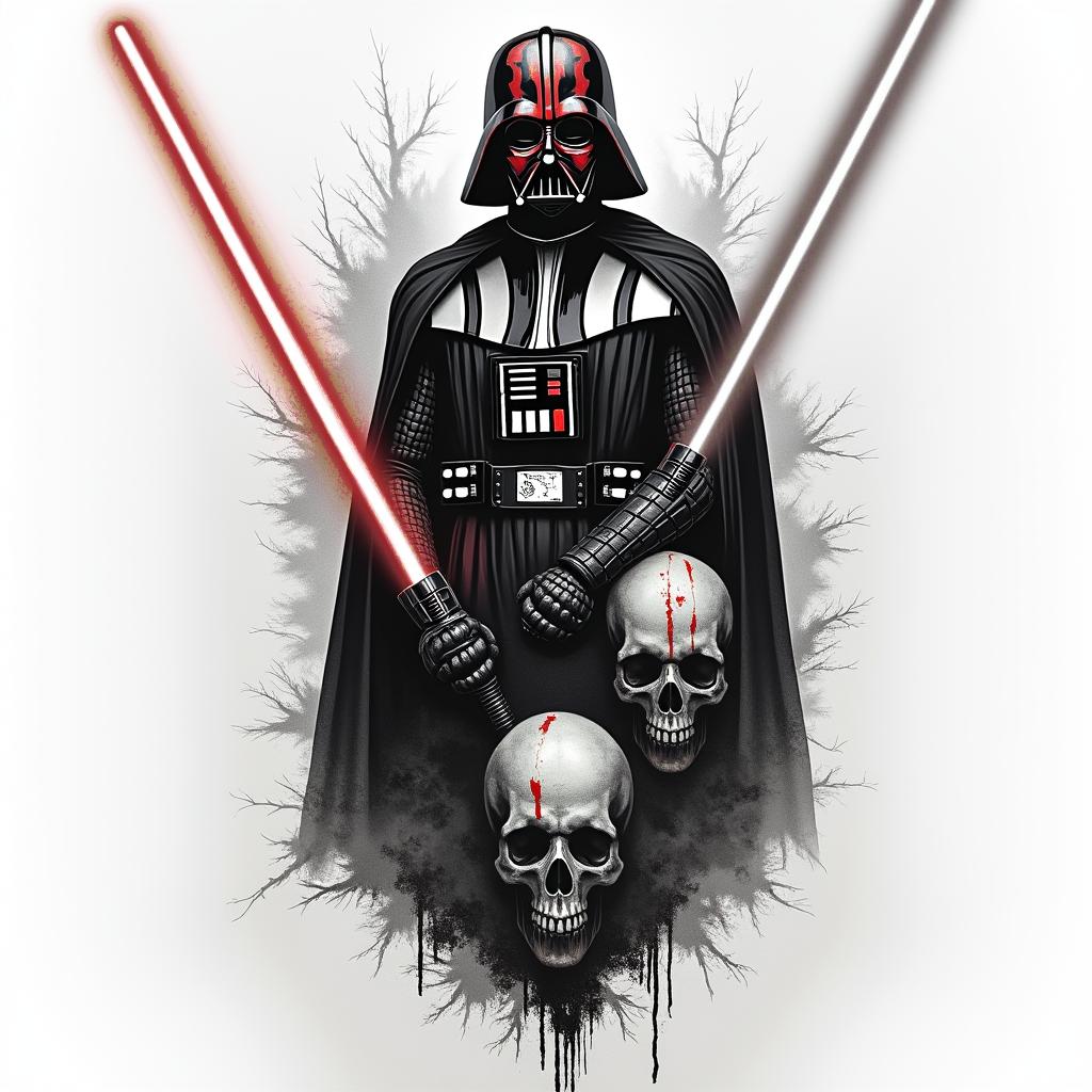 Half sleeve with Darth maul, Darth bane, Darth nihilus and Darth Vader posing with lightsabers in horror tattoo style, showcasing haunting and unsettling, dark and gritty textures with skulls, eerie faces, jgged designs, bold and intense shading - Variation 2