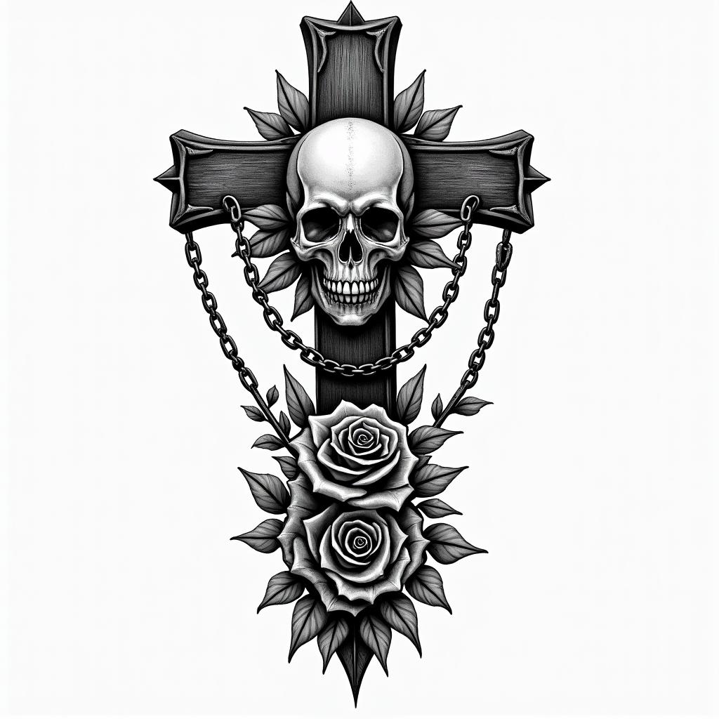 Aaronin chicano style tattoo, featuring intricate black and grey shading, bold elements of traditional chicano culture symbols, add a big cross with skull, chains and roses