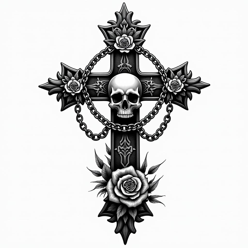 Aaronin chicano style tattoo, featuring intricate black and grey shading, bold elements of traditional chicano culture symbols, add a big cross with skull, chains and roses - Variation 2