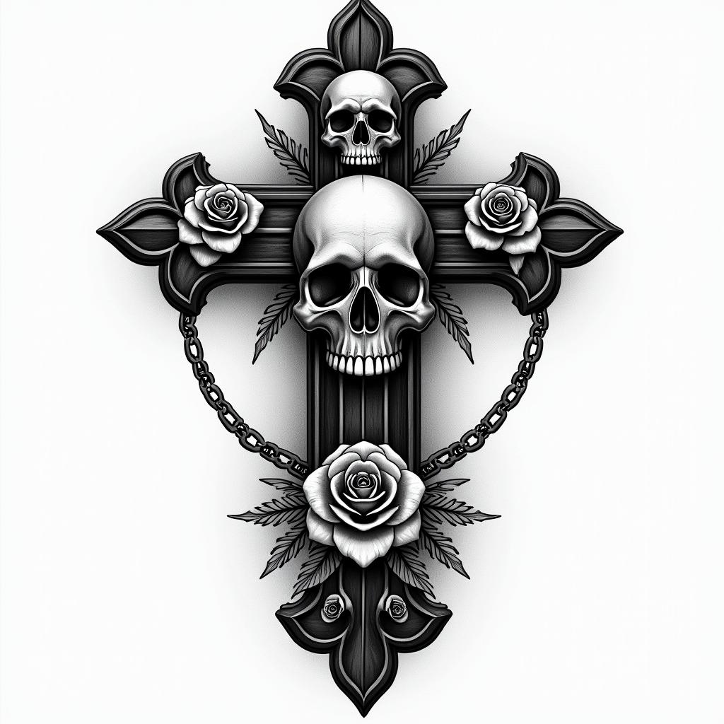Aaronin chicano style tattoo, featuring intricate black and grey shading, bold elements of traditional chicano culture symbols, add a big cross with skull, chains and roses - Variation 4