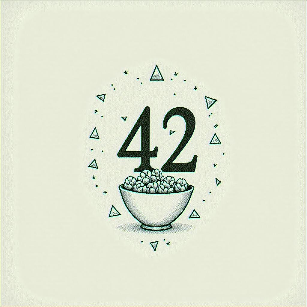 I want the number 42 the words don’t panic and a bowl of petuniasin minimalist style tattoo, featuring simple shapes and fine lines, with minimal shading and details, tiny triangles, creating a sense of balance and harmony