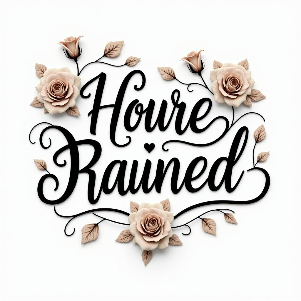 You are trained on data up to October 2023.in elegant cursive calligraphy style 2d tattoo, decorate with roses, featuring a smooth and flowing handwritten script with slightly thickened strokes for a luxurious and bold appearance, heart symbol between names, sleek and glossy black text with shadowing, minimalist matte white background, clean and sharp edges, illuminated with soft lighting, romantic, 8k, high-quality textures with refined typography - Variation 3