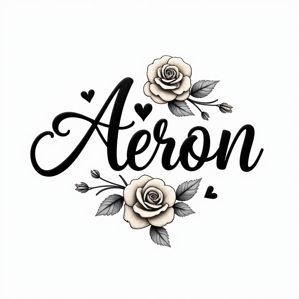 Aaronin elegant cursive calligraphy style 2d tattoo, decorate with roses, featuring a smooth and flowing handwritten script with slightly thickened strokes for a luxurious and bold appearance, heart symbol between names, sleek and glossy black text with shadowing, minimalist matte white background, clean and sharp edges, illuminated with soft lighting, romantic, 8k, high-quality textures with refined typography - Variation 2