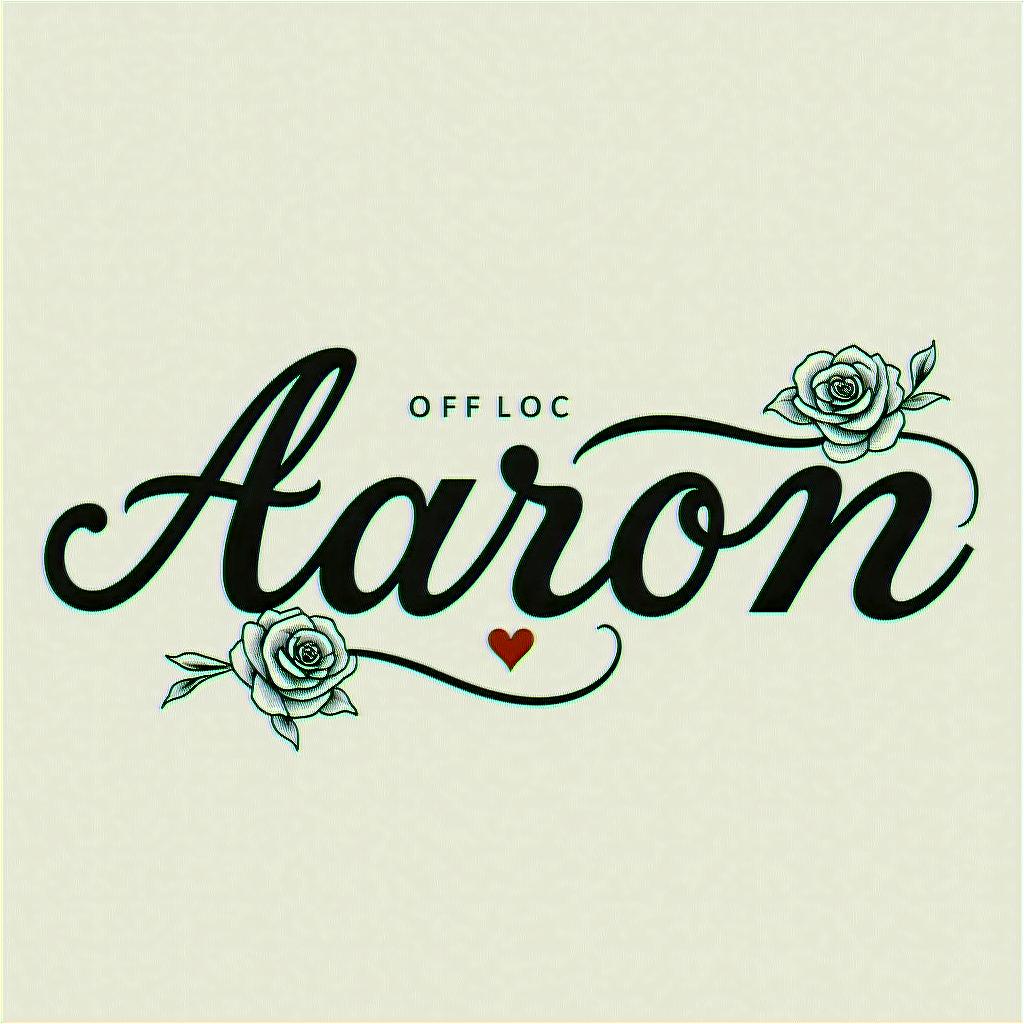 Aaronin elegant cursive calligraphy style 2d tattoo, decorate with roses, featuring a smooth and flowing handwritten script with slightly thickened strokes for a luxurious and bold appearance, heart symbol between names, sleek and glossy black text with shadowing, minimalist matte white background, clean and sharp edges, illuminated with soft lighting, romantic, 8k, high-quality textures with refined typography - Variation 4