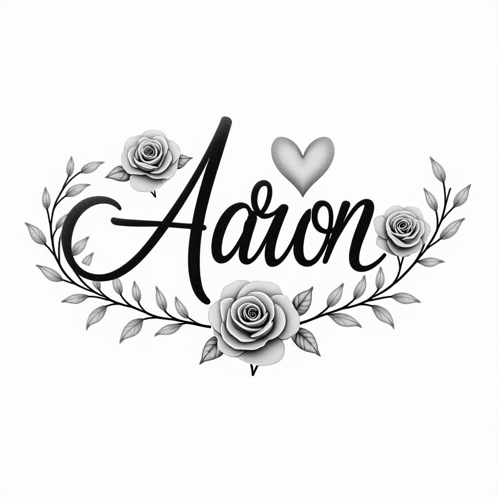 Aaronin elegant cursive calligraphy style 2d tattoo, decorate with roses, featuring a smooth and flowing handwritten script with slightly thickened strokes for a luxurious and bold appearance, heart symbol between names, sleek and glossy black text with shadowing, minimalist matte white background, clean and sharp edges, illuminated with soft lighting, romantic, 8k, high-quality textures with refined typography - Variation 3
