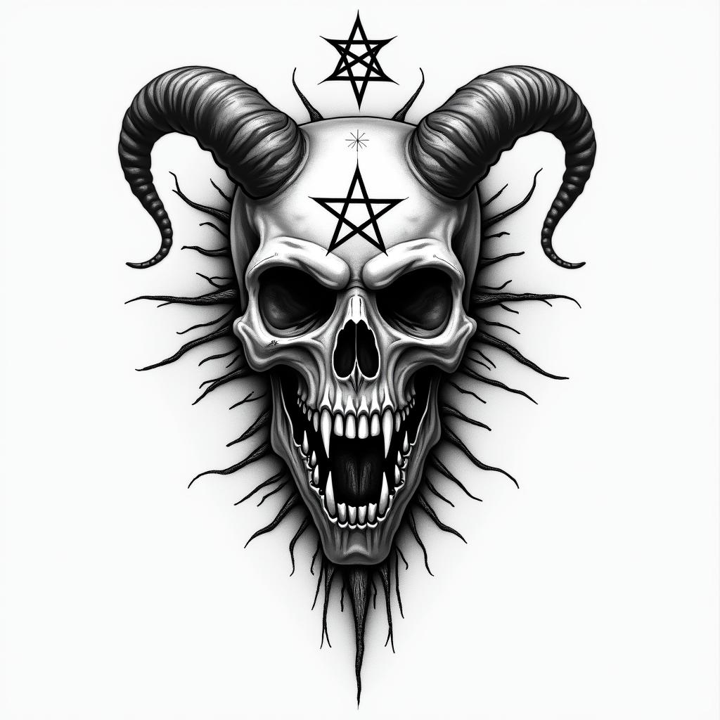 Leo sign, year 1998creepy horror tattoo style, featuring an eerie and unsettling skull of a demonic creature, distorted face with sharp fangs, add pentagram symbol - Variation 3