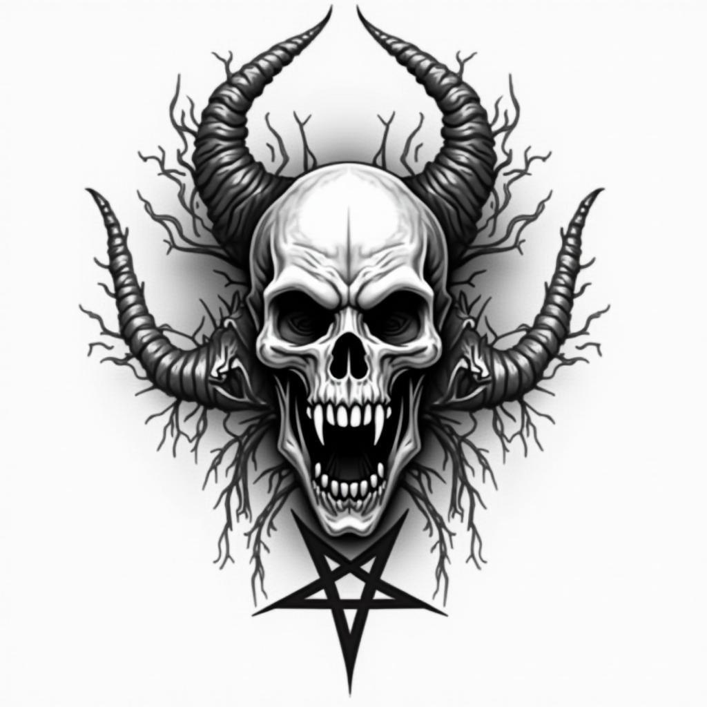 Leo sign, year 1998creepy horror tattoo style, featuring an eerie and unsettling skull of a demonic creature, distorted face with sharp fangs, add pentagram symbol