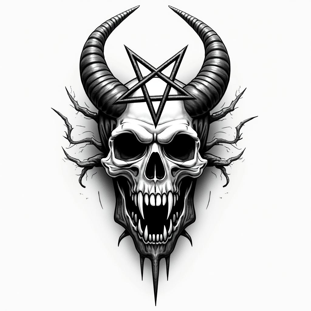 Leo sign, year 1998creepy horror tattoo style, featuring an eerie and unsettling skull of a demonic creature, distorted face with sharp fangs, add pentagram symbol - Variation 2