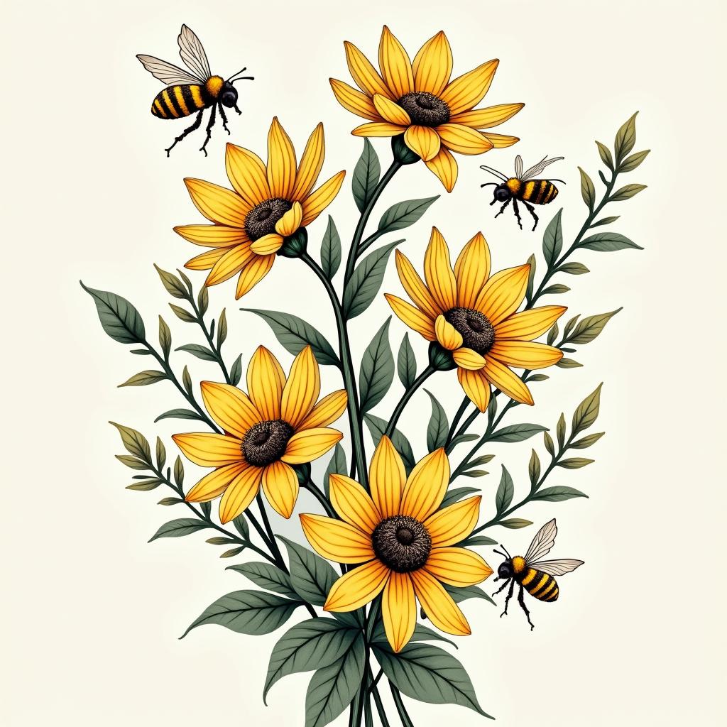 An intricate tattoo design featuring marigolds, daffodils, and lily of the valley, beautifully surrounded by larkspur and buzzing bees, creating an elegant floral composition.undefined