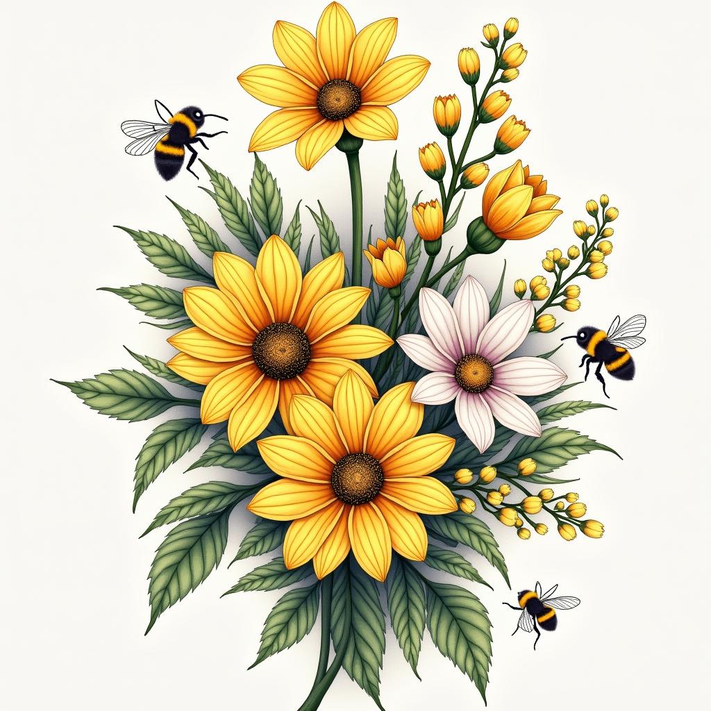 Floral tattoo art combining marigolds, daffodils, and lily of the valley, surrounded by delicate larkspur and charming bees for a dynamic look.undefined