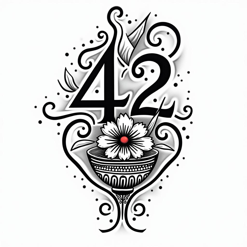 I want the number 42 the words don’t panic and a bowl of petuniasin tribal tattoo style, featuring bold and black geometric shapes, curved lines, intertwine and flow seamlessly, creating a powerful and symbolic design, polynesian and maori styles - Variation 4