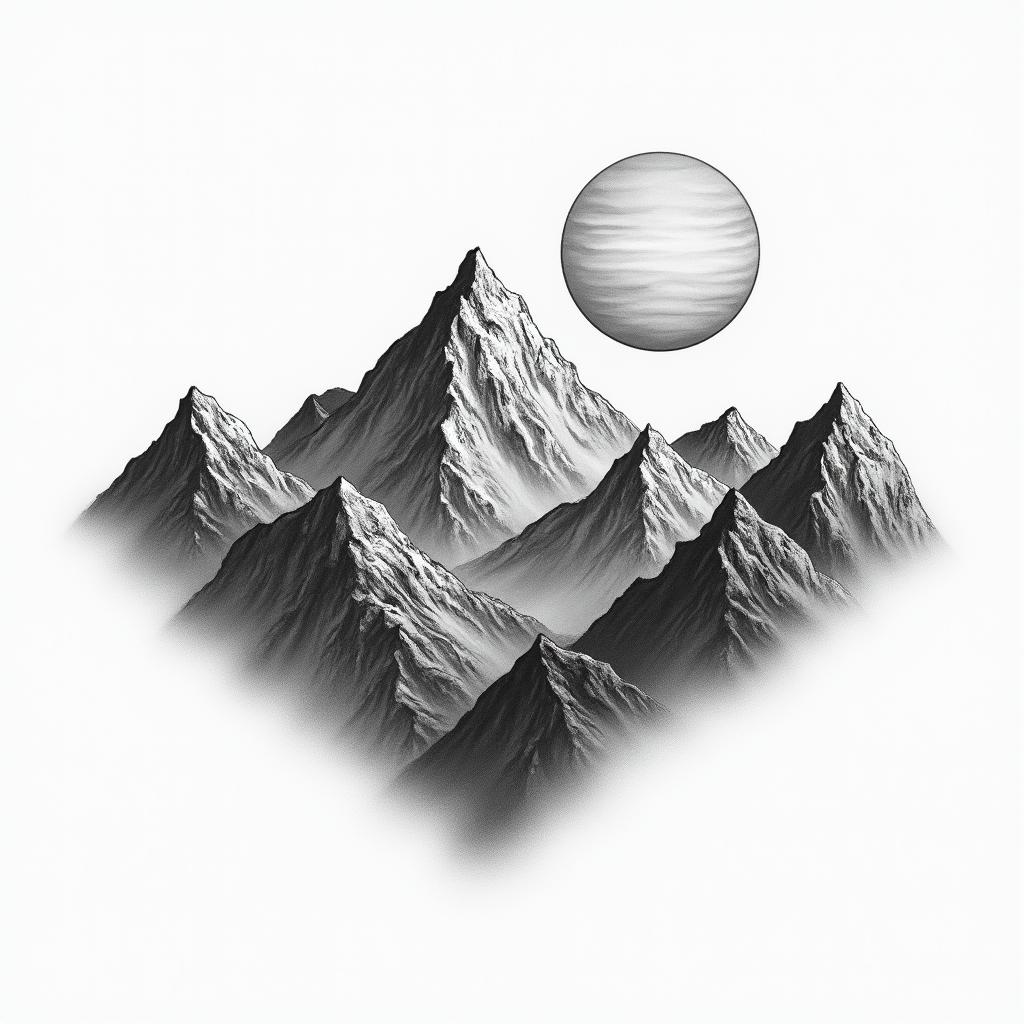 Mountain range with a rising sunhigly detailed tattoo - Variation 9