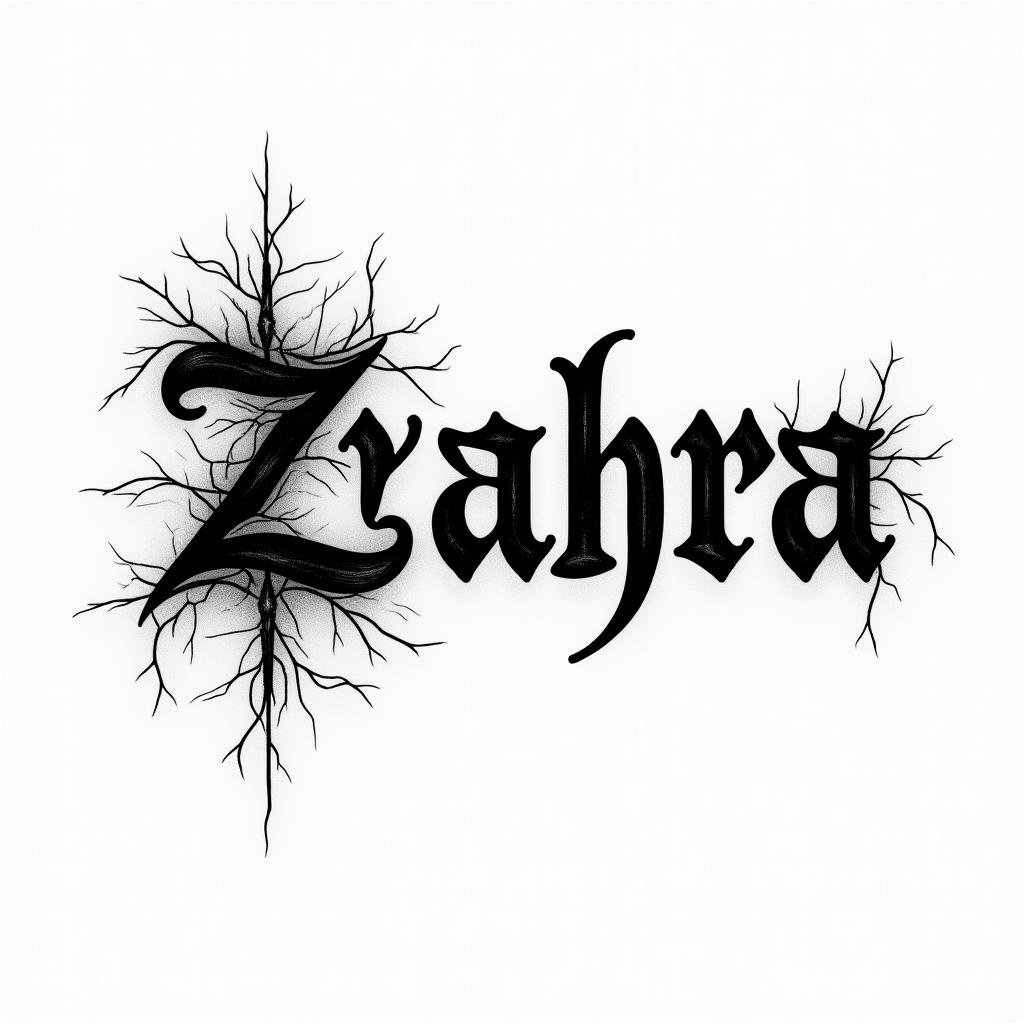 Pia-Zahratext-based tattoo, gothic font ultra-realistic, perfectly placed, high-quality font design, photo-realistic shading, 8k, high quality, finely detailed typography