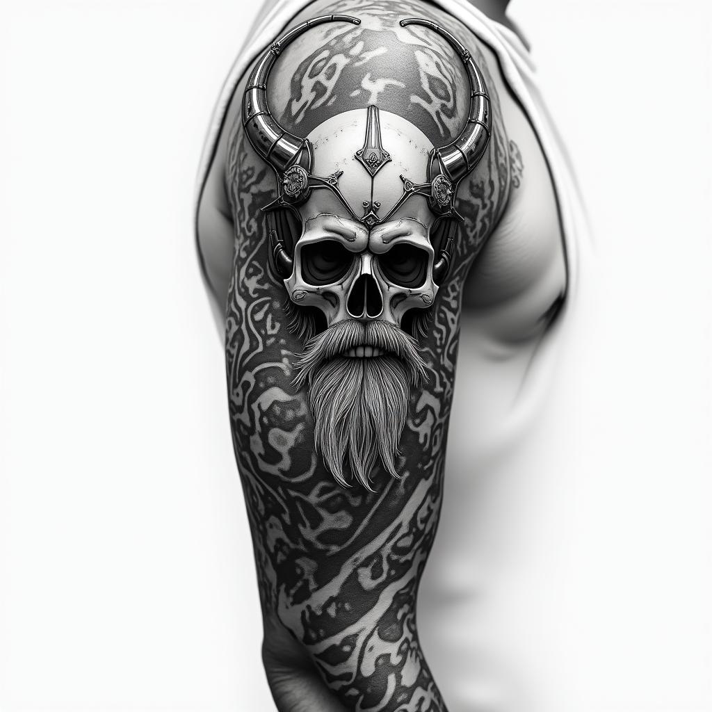 Viking shield on the elbowtattoo in biomechanic style, the tattoo covered by robotic elements of futuristic cyberpunk design, robotic features detail, showcasing intricate mechanical components - Variation 3