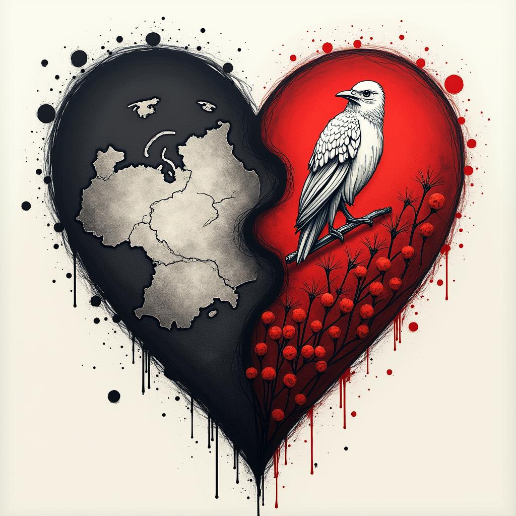 Here is a detailed description of the tattoo composition in the Trash Polka style that combines the symbolism of Ukraine and Poland under the concept of "Two Hearts / Two Lands":

---

### Composition Concept

- **Central Element:**  
  Two intertwining or separated stylized hearts symbolize the duality between desires, home, past and future (Ukraine) and reality, present, refuge (Poland). The shape of the hearts can be dynamic, depicted with clearly contrasting strokes characteristic of Trash Polka.

- **Ukrainian Half:**  
  - *Symbols and Details:*  
    Here, a black outline of the map of Ukraine can be used, inside which is a realistically drawn ear of wheat (black-gray) or a bunch of viburnum with bright red berries emphasizing emotional richness.  
  - *Background and Atmosphere:*  
    The background can consist of "torn" black strokes, symbolizing memories, nostalgia, and longing, creating a softer, almost dissolved effect.  
  - *Text Elements:*  
    The word "ДІМ" (home) or "МРІЯ" (dream) can be added in a stylized font, possibly reminiscent of the architectural forms of a famous building in your city (for example, a fragment of the Sulowski Castle in Bielsko-Biała).  

- **Polish Half:**  
  - *Symbols and Details:*  
    This part can be accentuated through the use of clearer, sharper black lines and geometric figures reflecting the structure of reality and modernity. The key symbol – a stylized white eagle from Poland's coat of arms, set against an intensely red background (with elements of red strokes and lines).  
  - *Text Elements:*  
    The word "TERAZ" (now) would look good in this part of the composition, or the addition of the current date/coordinates emphasizing relevance and immediacy.

- **Transition Between Halves:**  
  The boundary between the Ukrainian and Polish parts will be fuzzy, "torn," and dynamic. Flowing black blobs and sharp red lines between them will create an effect of internal conflict and tension, supporting the drama and emotional depth of the composition.

---

### Notes on Trash Polka Style

The combination of realism and abstraction characteristic of Trash Polka will ensure visual tension through the use of a monochromatic palette dominated by black and bright red accents. Contrasting, bold elements and dynamic graphic strokes will complement the meaning of the composition, turning the tattoo into a true work of art capable of conveying complex emotions and internal contradictions.

---

This concept will allow for the creation of a deep, symbolic tattoo where every detail – from realistic elements to abstract strokes – tells a story of the search for balance between the past and the present, dream and reality.in distorted and fragmented tattoo design, featuring a classical statue bust, in a glitch art style with vibrant, overlapping colors of cyan, magenta, and yellow, creating a digital distortion effect