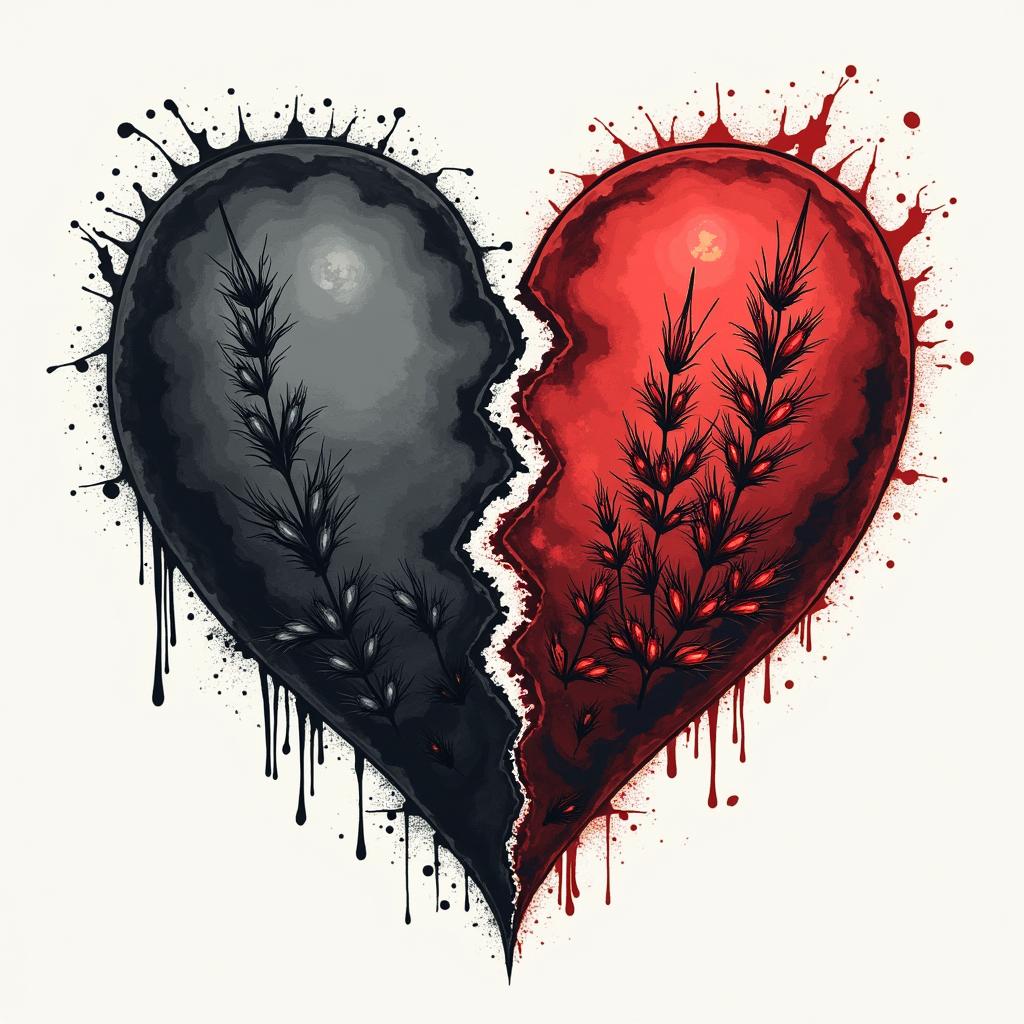 Here is a detailed description of the tattoo composition in the Trash Polka style that combines the symbolism of Ukraine and Poland under the concept of "Two Hearts / Two Lands":

---

### Composition Concept

- **Central Element:**  
  Two intertwining or separated stylized hearts symbolize the duality between desires, home, past and future (Ukraine) and reality, present, refuge (Poland). The shape of the hearts can be dynamic, depicted with clearly contrasting strokes characteristic of Trash Polka.

- **Ukrainian Half:**  
  - *Symbols and Details:*  
    Here, a black outline of the map of Ukraine can be used, inside which is a realistically drawn ear of wheat (black-gray) or a bunch of viburnum with bright red berries emphasizing emotional richness.  
  - *Background and Atmosphere:*  
    The background can consist of "torn" black strokes, symbolizing memories, nostalgia, and longing, creating a softer, almost dissolved effect.  
  - *Text Elements:*  
    The word "ДІМ" (home) or "МРІЯ" (dream) can be added in a stylized font, possibly reminiscent of the architectural forms of a famous building in your city (for example, a fragment of the Sulowski Castle in Bielsko-Biała).  

- **Polish Half:**  
  - *Symbols and Details:*  
    This part can be accentuated through the use of clearer, sharper black lines and geometric figures reflecting the structure of reality and modernity. The key symbol – a stylized white eagle from Poland's coat of arms, set against an intensely red background (with elements of red strokes and lines).  
  - *Text Elements:*  
    The word "TERAZ" (now) would look good in this part of the composition, or the addition of the current date/coordinates emphasizing relevance and immediacy.

- **Transition Between Halves:**  
  The boundary between the Ukrainian and Polish parts will be fuzzy, "torn," and dynamic. Flowing black blobs and sharp red lines between them will create an effect of internal conflict and tension, supporting the drama and emotional depth of the composition.

---

### Notes on Trash Polka Style

The combination of realism and abstraction characteristic of Trash Polka will ensure visual tension through the use of a monochromatic palette dominated by black and bright red accents. Contrasting, bold elements and dynamic graphic strokes will complement the meaning of the composition, turning the tattoo into a true work of art capable of conveying complex emotions and internal contradictions.

---

This concept will allow for the creation of a deep, symbolic tattoo where every detail – from realistic elements to abstract strokes – tells a story of the search for balance between the past and the present, dream and reality.in distorted and fragmented tattoo design, featuring a classical statue bust, in a glitch art style with vibrant, overlapping colors of cyan, magenta, and yellow, creating a digital distortion effect - Variation 2