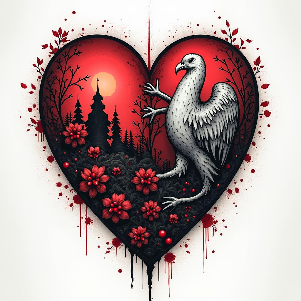Here is a detailed description of the tattoo composition in the Trash Polka style that combines the symbolism of Ukraine and Poland under the concept of "Two Hearts / Two Lands":

---

### Composition Concept

- **Central Element:**  
  Two intertwining or separated stylized hearts symbolize the duality between desires, home, past and future (Ukraine) and reality, present, refuge (Poland). The shape of the hearts can be dynamic, depicted with clearly contrasting strokes characteristic of Trash Polka.

- **Ukrainian Half:**  
  - *Symbols and Details:*  
    Here, a black outline of the map of Ukraine can be used, inside which is a realistically drawn ear of wheat (black-gray) or a bunch of viburnum with bright red berries emphasizing emotional richness.  
  - *Background and Atmosphere:*  
    The background can consist of "torn" black strokes, symbolizing memories, nostalgia, and longing, creating a softer, almost dissolved effect.  
  - *Text Elements:*  
    The word "ДІМ" (home) or "МРІЯ" (dream) can be added in a stylized font, possibly reminiscent of the architectural forms of a famous building in your city (for example, a fragment of the Sulowski Castle in Bielsko-Biała).  

- **Polish Half:**  
  - *Symbols and Details:*  
    This part can be accentuated through the use of clearer, sharper black lines and geometric figures reflecting the structure of reality and modernity. The key symbol – a stylized white eagle from Poland's coat of arms, set against an intensely red background (with elements of red strokes and lines).  
  - *Text Elements:*  
    The word "TERAZ" (now) would look good in this part of the composition, or the addition of the current date/coordinates emphasizing relevance and immediacy.

- **Transition Between Halves:**  
  The boundary between the Ukrainian and Polish parts will be fuzzy, "torn," and dynamic. Flowing black blobs and sharp red lines between them will create an effect of internal conflict and tension, supporting the drama and emotional depth of the composition.

---

### Notes on Trash Polka Style

The combination of realism and abstraction characteristic of Trash Polka will ensure visual tension through the use of a monochromatic palette dominated by black and bright red accents. Contrasting, bold elements and dynamic graphic strokes will complement the meaning of the composition, turning the tattoo into a true work of art capable of conveying complex emotions and internal contradictions.

---

This concept will allow for the creation of a deep, symbolic tattoo where every detail – from realistic elements to abstract strokes – tells a story of the search for balance between the past and the present, dream and reality.in distorted and fragmented tattoo design, featuring a classical statue bust, in a glitch art style with vibrant, overlapping colors of cyan, magenta, and yellow, creating a digital distortion effect - Variation 3