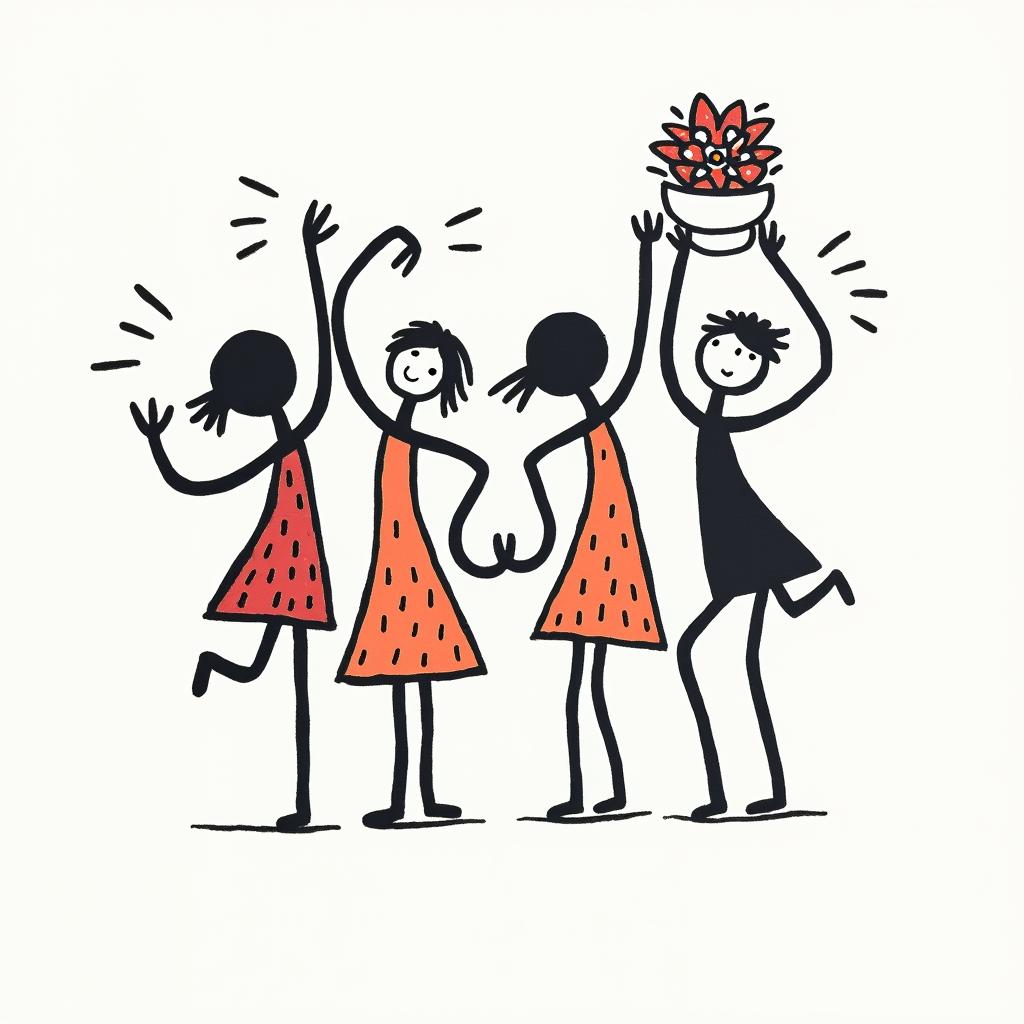 I want the number 42 the words don’t panic and a bowl of petuniasabstract dancing figures in Keith Haring style, featuring bold black outlines and solid color fills, figures posed in dynamic and playful dance movements, minimalist design - Variation 3