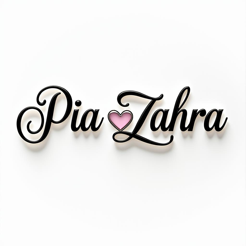Pia Zahrain elegant cursive calligraphy style 2d tattoo, decorate with roses, featuring a smooth and flowing handwritten script with slightly thickened strokes for a luxurious and bold appearance,  heart symbol between names,  sleek and glossy black text with shadowing, minimalist matte white background, clean and sharp edges, illuminated with soft lighting, romantic, 8k, high-quality textures with refined typography - Variation 3