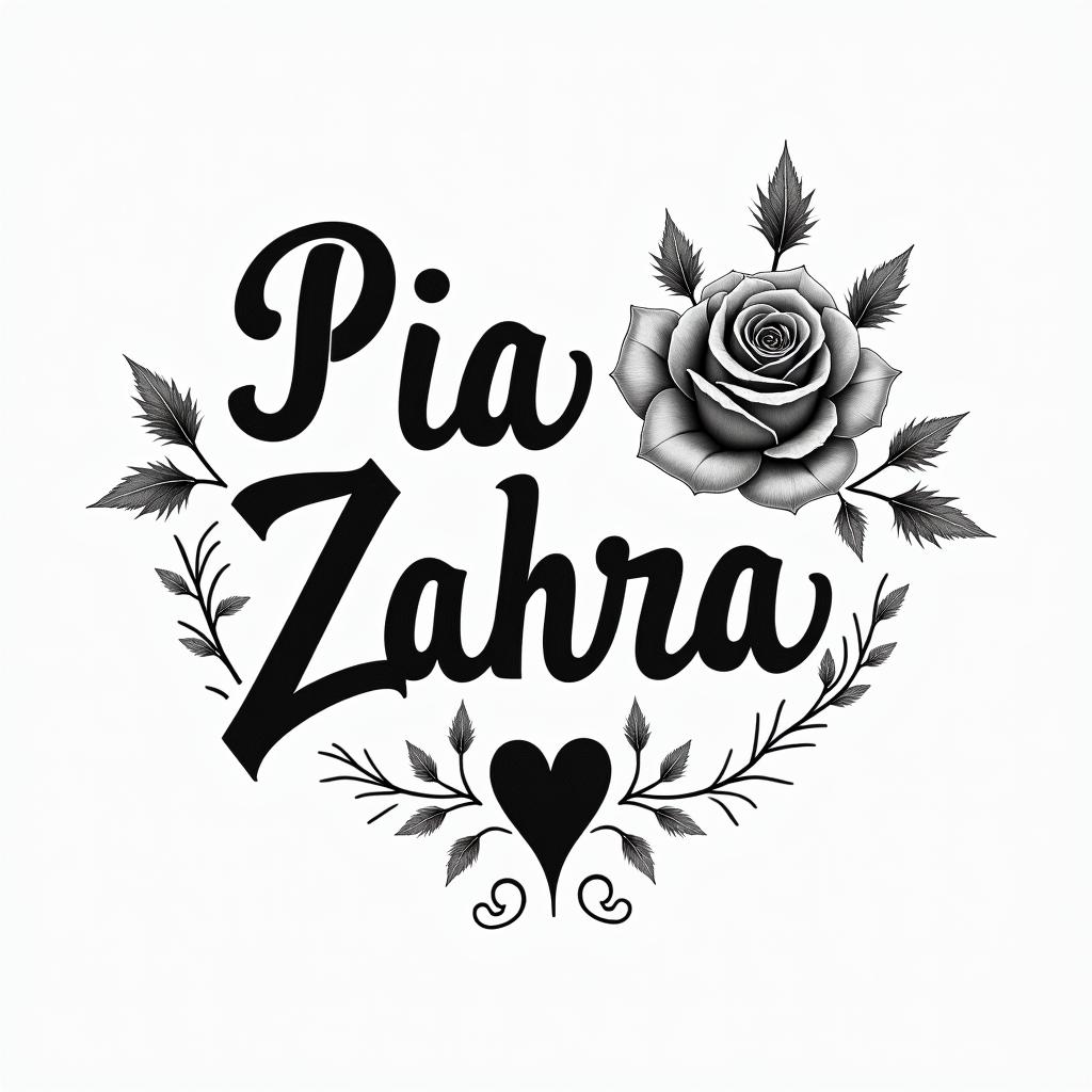 Pia Zahrain elegant cursive calligraphy style 2d tattoo, decorate with roses, featuring a smooth and flowing handwritten script with slightly thickened strokes for a luxurious and bold appearance,  heart symbol between names,  sleek and glossy black text with shadowing, minimalist matte white background, clean and sharp edges, illuminated with soft lighting, romantic, 8k, high-quality textures with refined typography - Variation 4