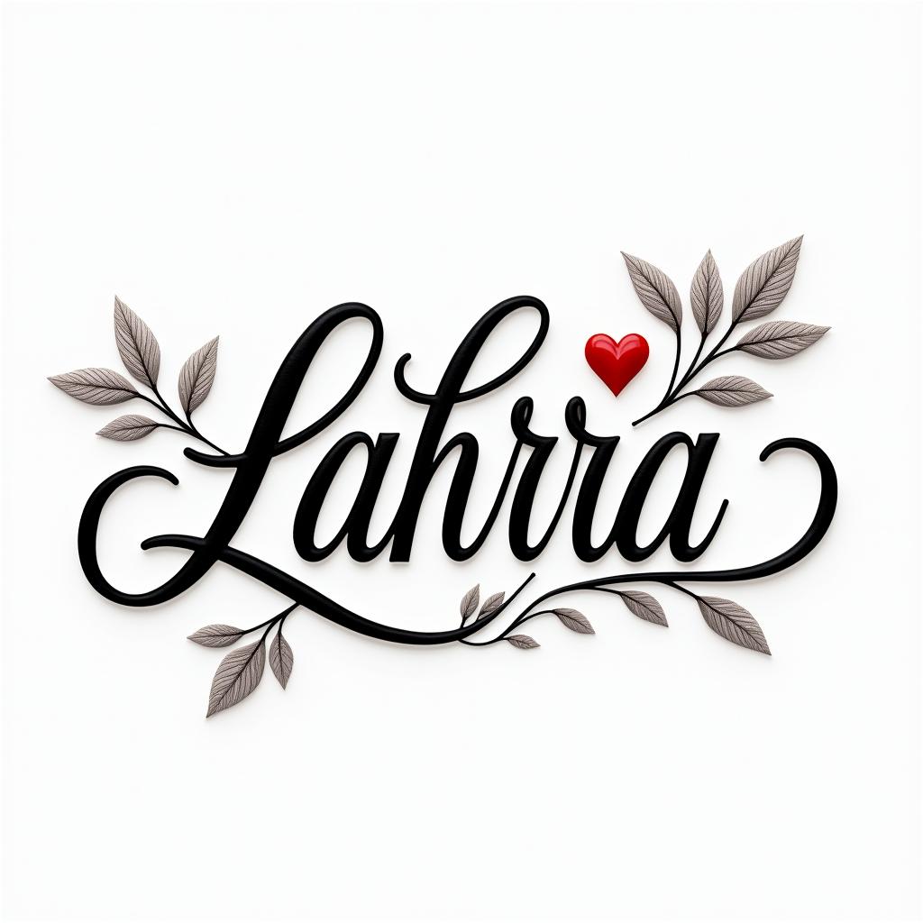 Pia Zahrain elegant cursive calligraphy style 2d tattoo, decorate with roses, featuring a smooth and flowing handwritten script with slightly thickened strokes for a luxurious and bold appearance,  heart symbol between names,  sleek and glossy black text with shadowing, minimalist matte white background, clean and sharp edges, illuminated with soft lighting, romantic, 8k, high-quality textures with refined typography - Variation 2