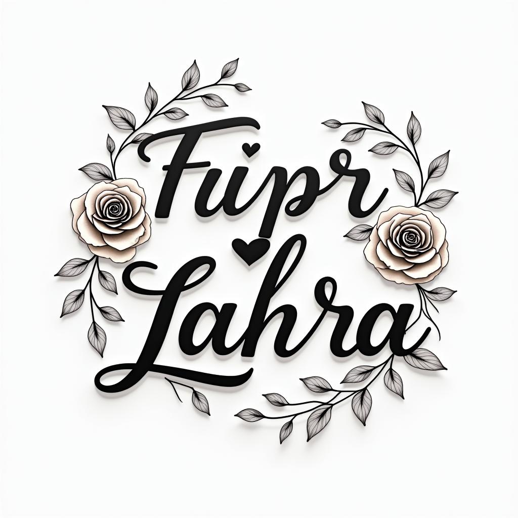 Pia Zahrain elegant cursive calligraphy style 2d tattoo, decorate with roses, featuring a smooth and flowing handwritten script with slightly thickened strokes for a luxurious and bold appearance,  heart symbol between names,  sleek and glossy black text with shadowing, minimalist matte white background, clean and sharp edges, illuminated with soft lighting, romantic, 8k, high-quality textures with refined typography