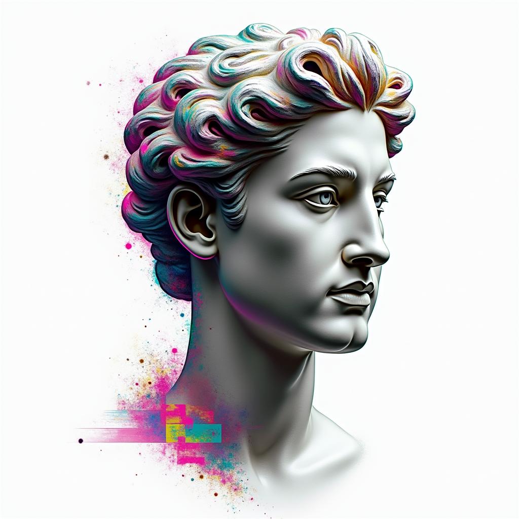 Benjamin Zwilling ludwigsburgin distorted and fragmented tattoo design, featuring a classical statue bust, in a glitch art style with vibrant, overlapping colors of cyan, magenta, and yellow, creating a digital distortion effect