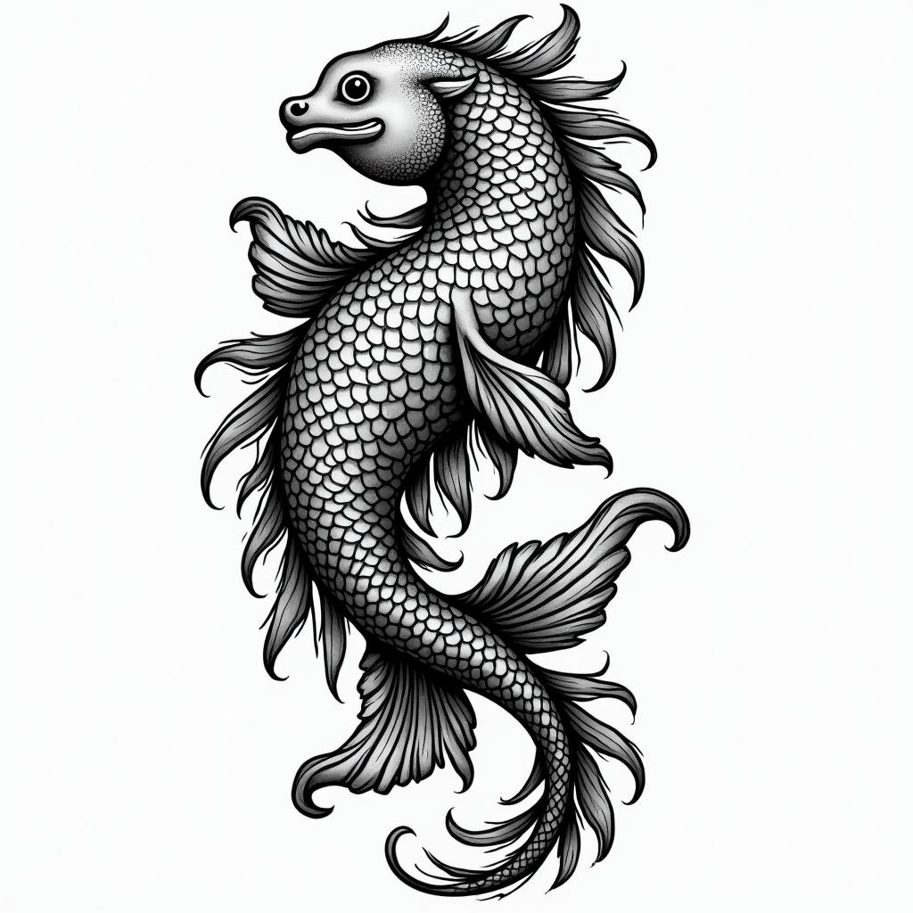Samuele, Italian-English, Pisces, who lives in Tuscany.in authentic tattoo style, incorporating traditional modifications, bold black outlines, solid color fills, featuring classic authentic elements