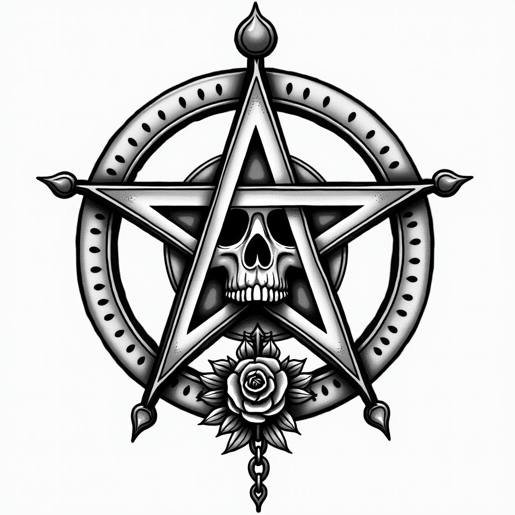 Pentacle symbolin chicano style tattoo, featuring intricate black and grey shading, bold elements of traditional chicano culture symbols, add a big cross with skull, chains and roses - Variation 4