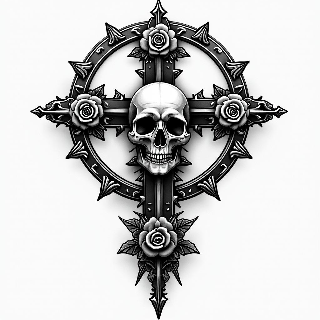 Pentacle symbolin chicano style tattoo, featuring intricate black and grey shading, bold elements of traditional chicano culture symbols, add a big cross with skull, chains and roses