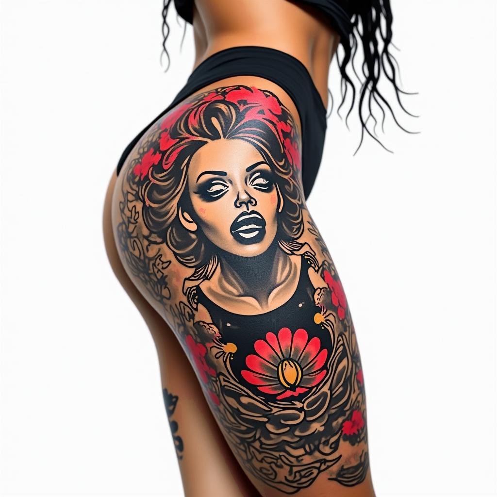 Tattoo for the side of the thigh image of Maria Padilhain pop art style tattoo, featuring bold and vibrant colors, exaggerated outlines, iconic imagery, inspired by comic books and speech bubbles, comic book characters, retro pop culture - Variation 2