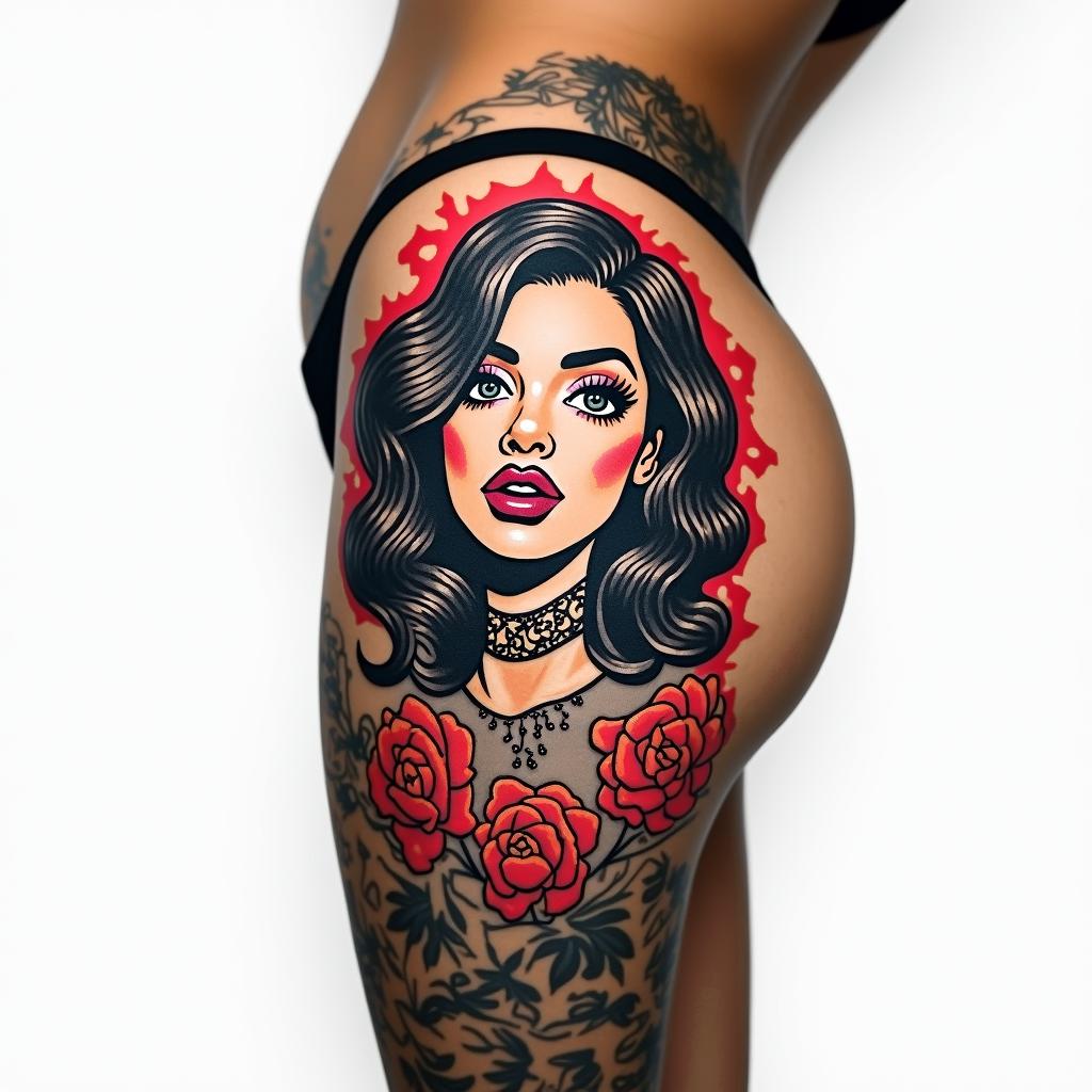Tattoo for the side of the thigh image of Maria Padilhain pop art style tattoo, featuring bold and vibrant colors, exaggerated outlines, iconic imagery, inspired by comic books and speech bubbles, comic book characters, retro pop culture