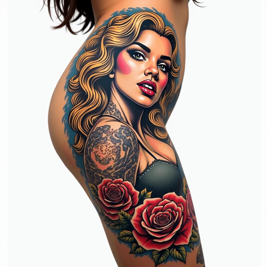 Tattoo for the side of the thigh image of Maria Padilhain pop art style tattoo, featuring bold and vibrant colors, exaggerated outlines, iconic imagery, inspired by comic books and speech bubbles, comic book characters, retro pop culture - Variation 4