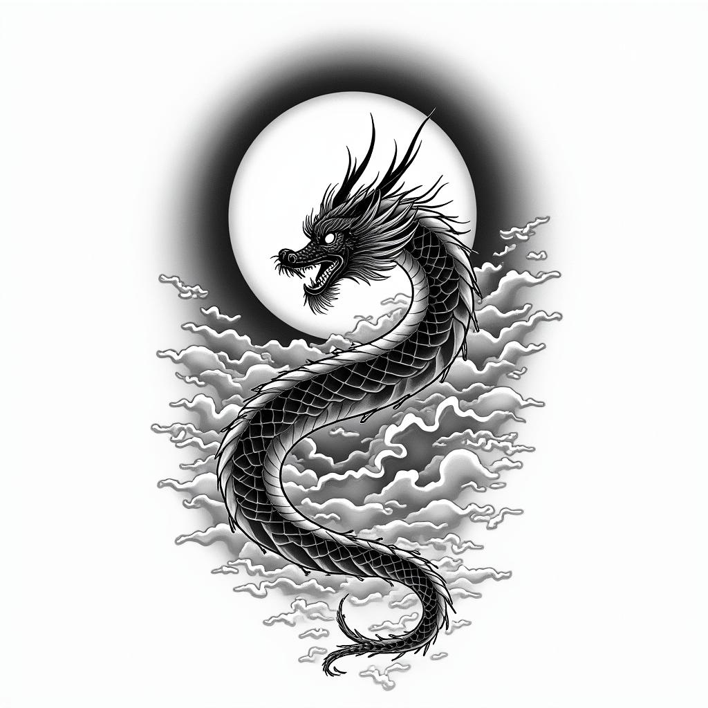 Flowing water, enlightened soul, full moon,year of the dragon, 88in japanese style tattoo, detailed tattoo, traditional japanese culture tattoo, mythology, 8k - Variation 2