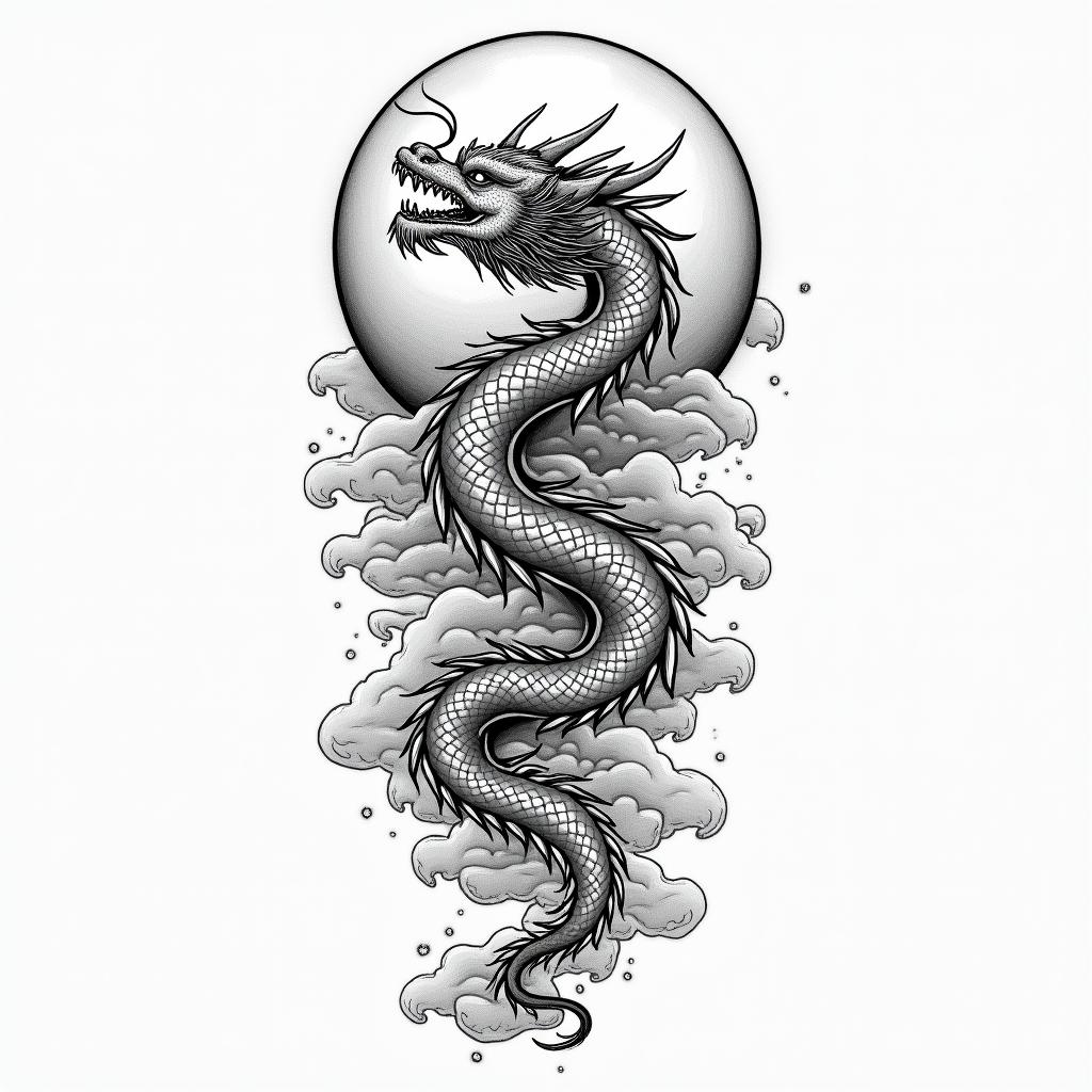Flowing water, enlightened soul, full moon,year of the dragon, 88in japanese style tattoo, detailed tattoo, traditional japanese culture tattoo, mythology, 8k