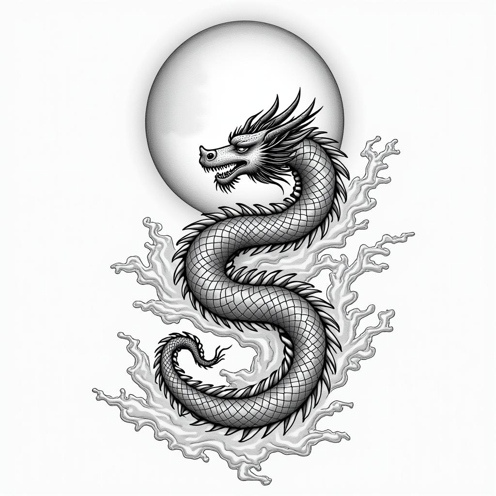 Flowing water, enlightened soul, full moon,year of the dragon, 88in japanese style tattoo, detailed tattoo, traditional japanese culture tattoo, mythology, 8k - Variation 4
