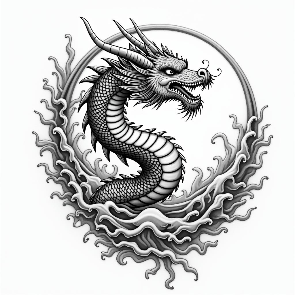 Flowing water, enlightened soul, full moon,year of the dragon, 88in japanese style tattoo, detailed tattoo, traditional japanese culture tattoo, mythology, 8k - Variation 3