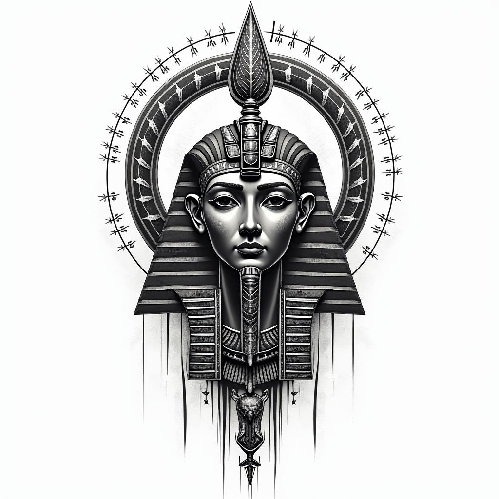 Pentacle symbolin egyptian style tattoo, bold elements of ancient egyptian culture including a portrait of an Egyptian pharaoh with detailed facial features, in hieroglyphs and symbolic imagery, eye of horus, ankh symbol, scarab beetle - Variation 3