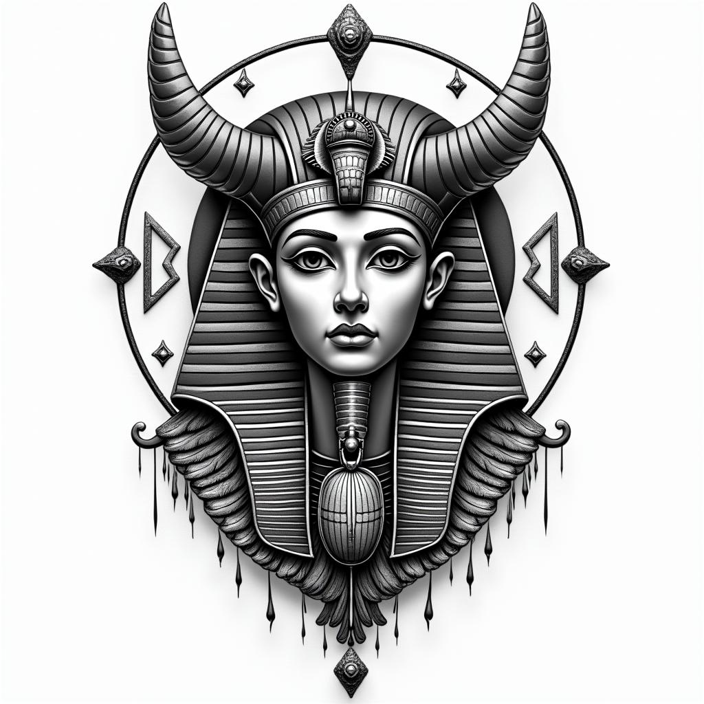 Pentacle symbolin egyptian style tattoo, bold elements of ancient egyptian culture including a portrait of an Egyptian pharaoh with detailed facial features, in hieroglyphs and symbolic imagery, eye of horus, ankh symbol, scarab beetle - Variation 4